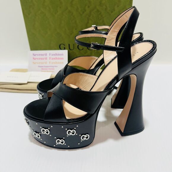 Gucci Janaya Black Interlocking G Studs 36/ US 6 Heels Platform Sandals NIB - Picture 4 of 15